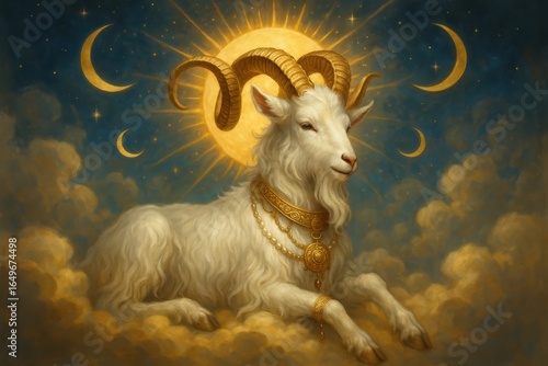 Celestial golden horned goat in sky. AI Generative.