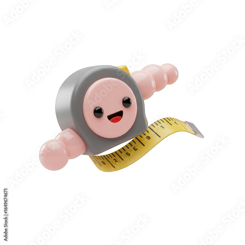 A cute 3D rendered cartoon tape measure with a smiling face and playful pink appendages, representing joyful and precise measurement.