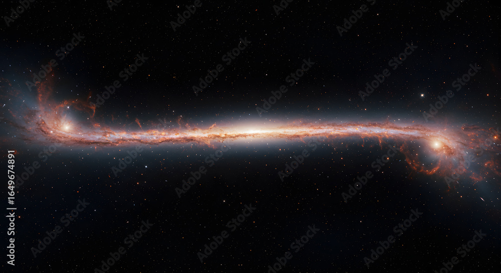 Obraz premium Galactic Cascade: A stunning depiction of a spiral galaxy, stretching across the cosmos, exhibiting a majestic dance of celestial bodies and vibrant nebulae in this breathtaking.