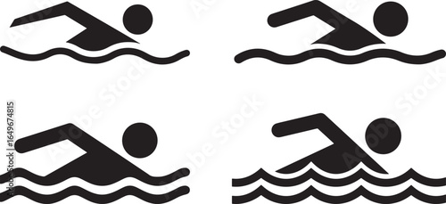Four simple black silhouette icons of swimmers in water silhouette