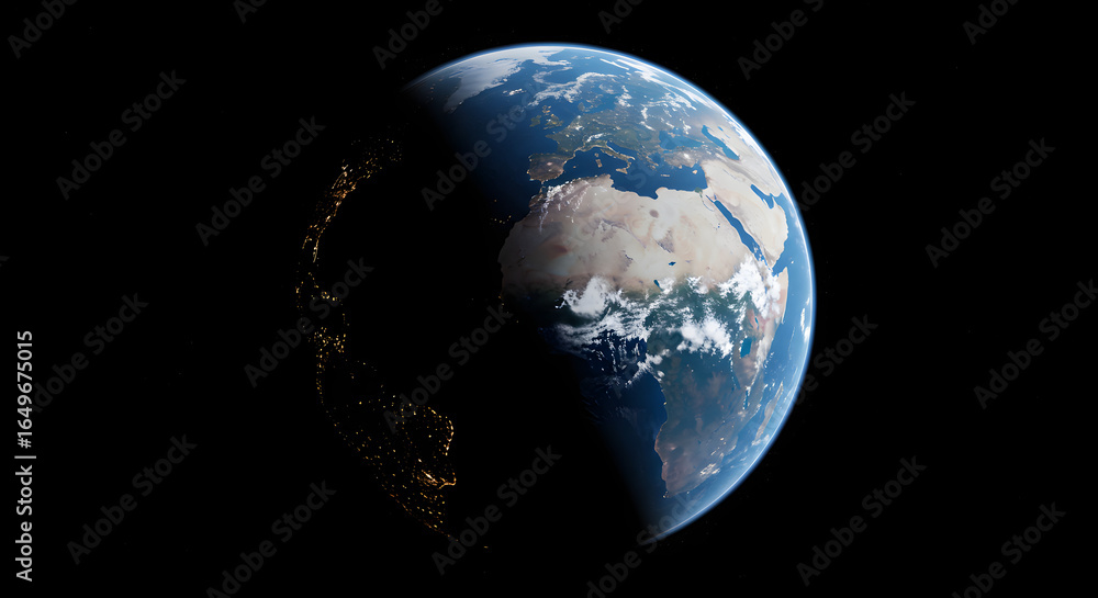 Fototapeta premium A Day and Night in Earth: Earth, our home, illuminated by sunlight on one side while the other plunges into the darkness of night, reveals the natural beauty and complexity of our planet.