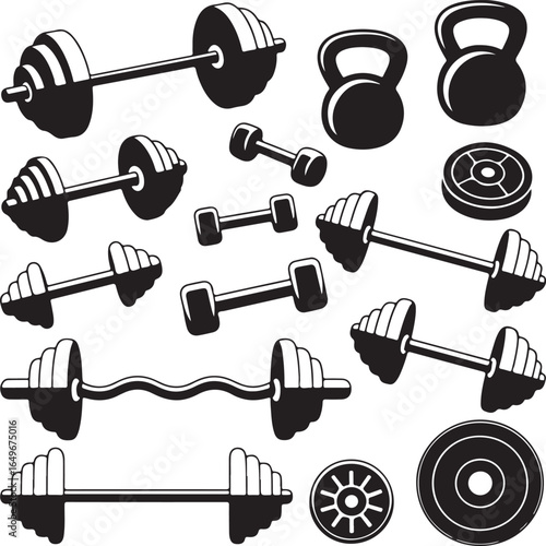 Collection of black and white fitness equipment including barbells dumbbells and kettlebells workout