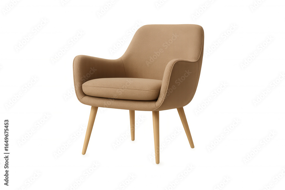 Beige upholstered armchair featuring natural wood legs, presenting clean modern silhouette against neutral background Beige upholstered armchair featuring natural wood legs, presenting clean modern silhouette against neutral background