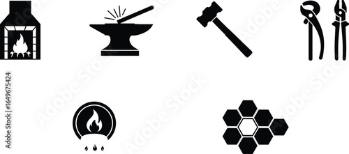 Blacksmith forge icon set with hammer, anvil, fire, tools, pliers, and hex pattern for industrial and metalworking designs