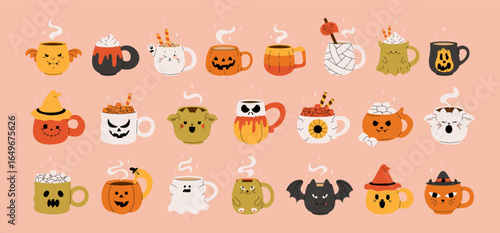 Vector collection of cute Halloween mugs. Hot cocoa with marshmallow, coffee and tea cups with cute faces, ghost, pumpkin, witch black cat,eye, bat, skull. Hand drawn illustration on pink background