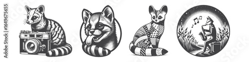 Vintage Hand-Drawn Genet As Photographer Illustration, Wildlife Animal Engraved Vector for Hobby and T-Shirt Design