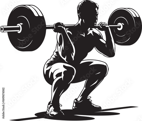 Muscular man performing a barbell squat in a dynamic black and white illustration Keywords: man