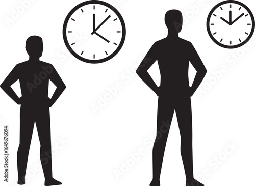 Two men of different heights standing with clocks in the background silhouette