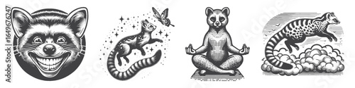 Vintage Hand-Drawn Genet Playing With Butterfly Illustration, Wildlife Animal Engraved Vector for Nature and T-Shirt Design