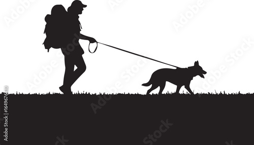 Walker with dog silhouette on a leash in a field vector