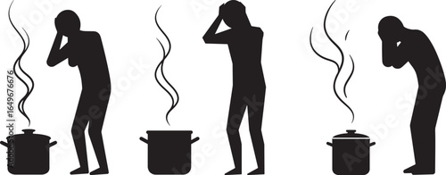 Three figures in silhouette experiencing distress from steam rising from pots silhouette