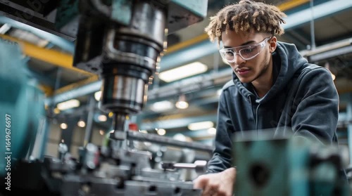 Concentrated young apprentice operating a milling machine in a metalworking factory