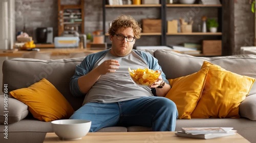 Overweight male reclining on sofa, eating potato chips, watching television, representing sedentary lifestyle and poor dietary choices