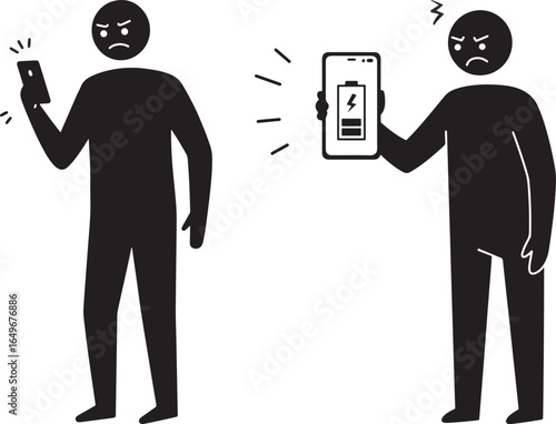 Frustrated person with dead phone battery and angry person with low battery silhouette