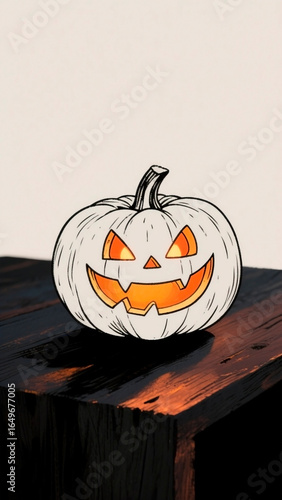Mischievous smiling pumpkin lit from within on a dark rustic surface for spooky Halloween decoration.