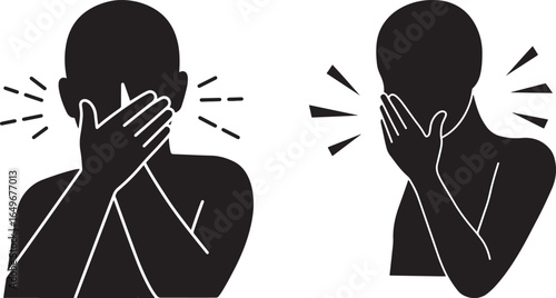 Two black silhouettes of people covering their faces with hands expressing distress or sadness silhouette