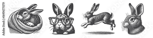 Vintage Hand-Drawn Rabbit Wearing Blanket Illustration, Cozy Animal Engraved Vector for Nature and T-Shirt Design
