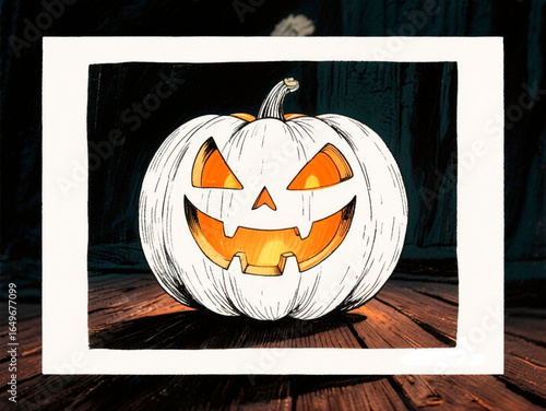 Glowing jack-o’-lantern carved pumpkin on wooden table in eerie low light Halloween atmosphere