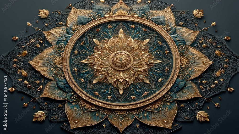 Fototapeta premium Golden mandala design on a deep background with space for greeting