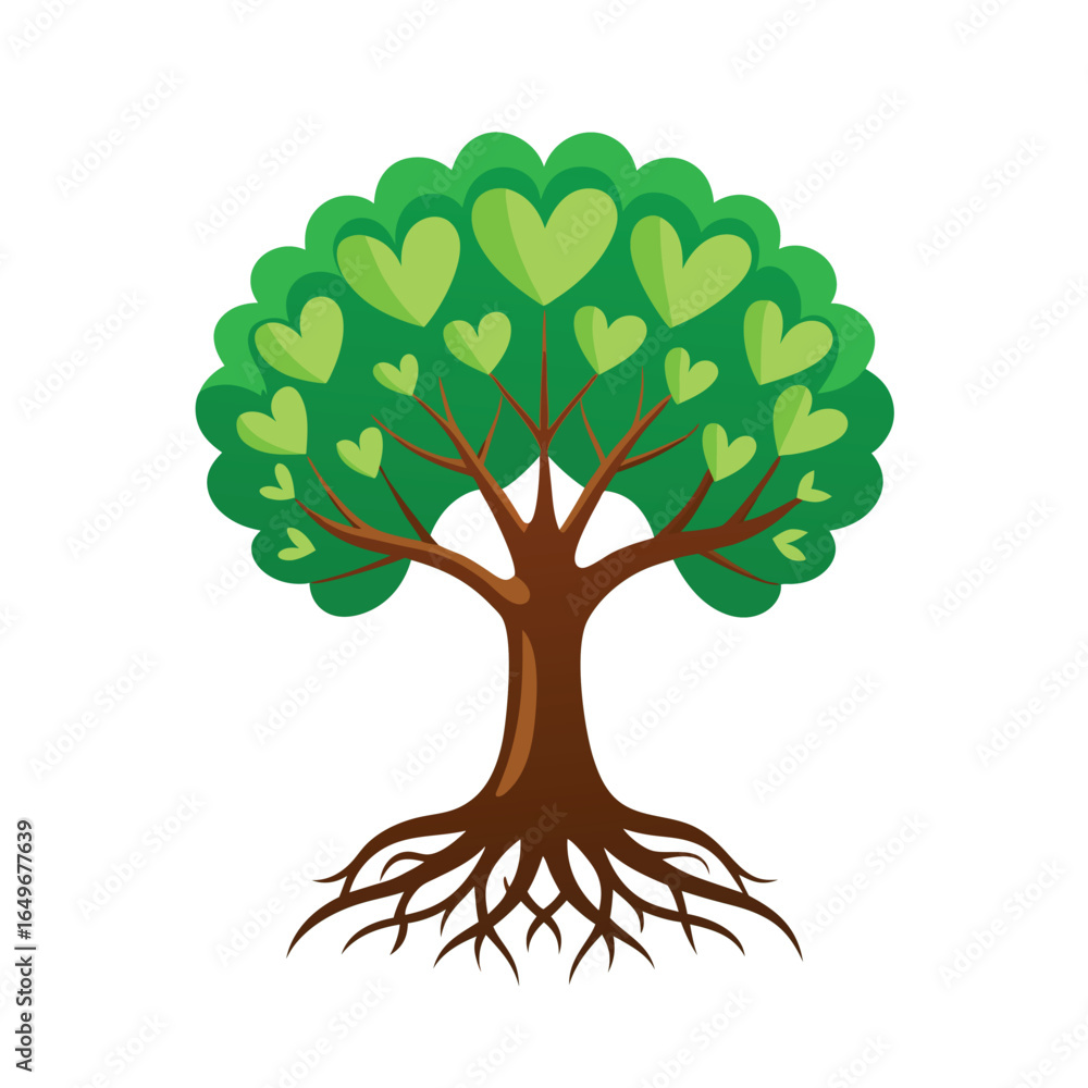 Naklejka premium Green tree with heartshaped leaves and visible roots, isolated on white background