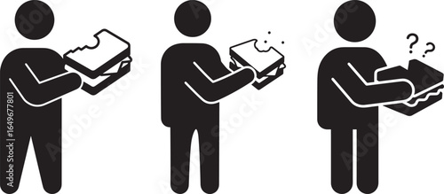 Three stick figure silhouettes eating sandwiches with one looking confused silhouette