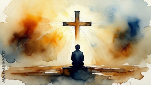 Silhouette of Man Praying Before Cross - Watercolor Illustration