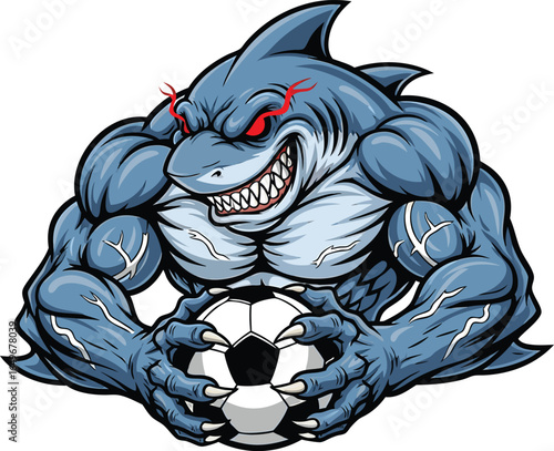 Muscular shark mascot holding soccer ball in powerful grip illustrated on white background
