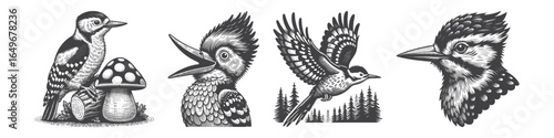 Vintage Hand-Drawn Woodpecker Flying Illustration, Bird Engraved Vector for Nature and T-Shirt Design