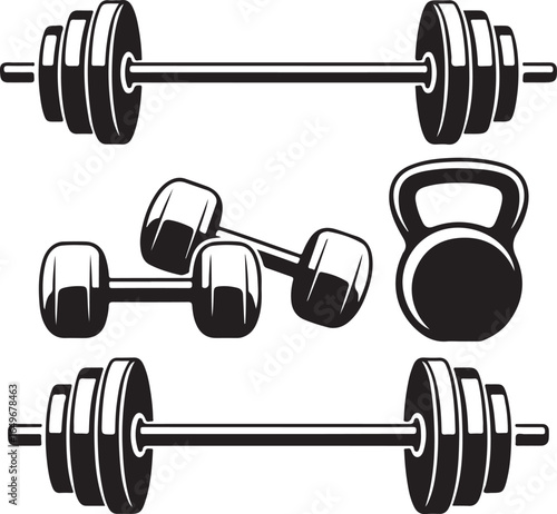 Black and white illustration of weightlifting equipment including barbells dumbbells and kettlebell