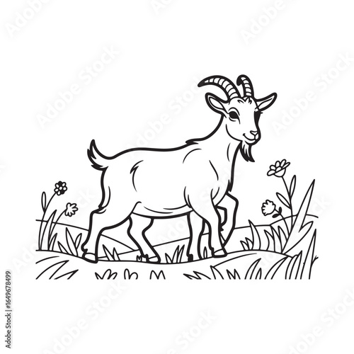 Engraving Vintage Goat Illustration in Meadow – Farm Animal Line Art with Grass and Flowers, Black and White Retro Style