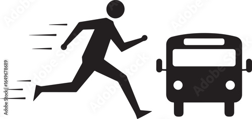 Man running to catch a departing bus depicted in a simple black silhouette style