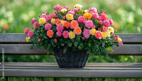 Wallpaper Mural A dark wicker basket overflowing with vibrant roses of varying hues sits on a weathered wooden park bench.  Roses in shades of pink, orange, and yellow fill the basket.  Torontodigital.ca