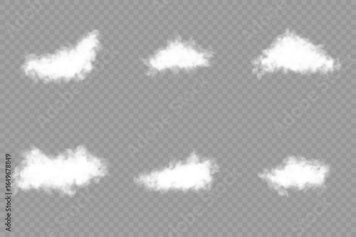 Cloud texture, smoke, nature sky or foggy nature illustration isolated on transparent background. Transparent cloud, nature sky or food smoke art. Vector illustration White vector realistic cloud set.