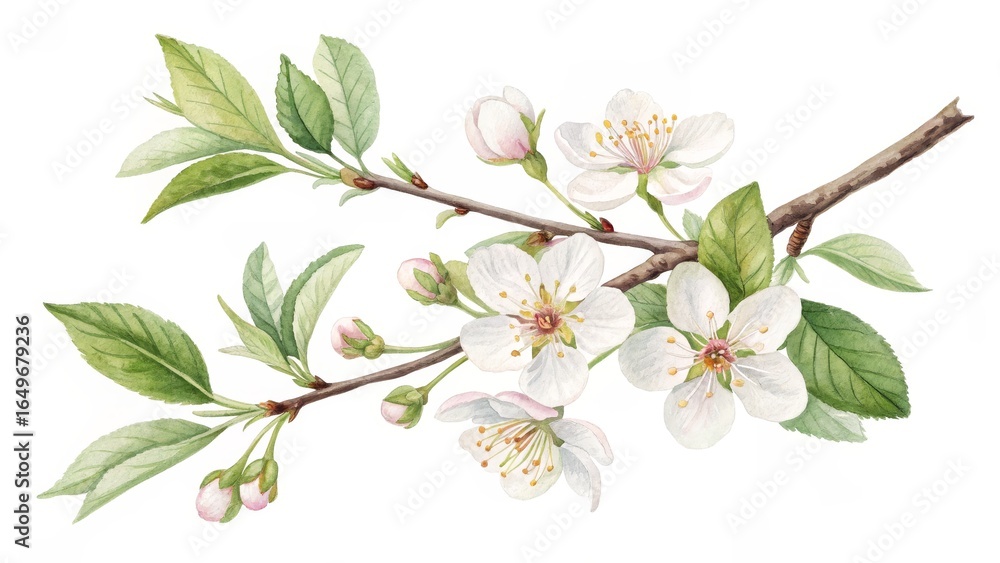 Fototapeta premium Watercolor Blossom Branch Spring Flowers and Buds, Floral , Botanical