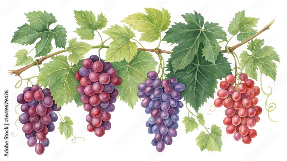 Fototapeta premium Watercolor Grapevine Red, Purple Grapes with Green Leaves,Fruit, Art