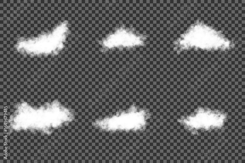 Cloud texture, smoke, nature sky or foggy nature illustration isolated on transparent background. Transparent cloud, nature sky or food smoke art. Vector illustration White vector realistic cloud set.