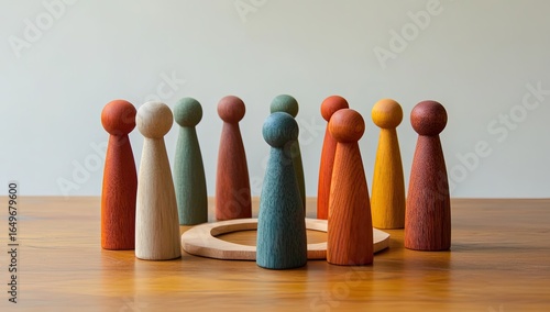 Colorful wooden figures arranged in a circle around a light-colored ring on a wooden surface