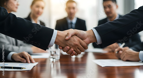 Two people making a deal by handshake in the meeting, with their hands clasped firmly