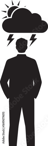 Man in suit experiencing mental storm under cloudy sky with sun and lightning silhouette