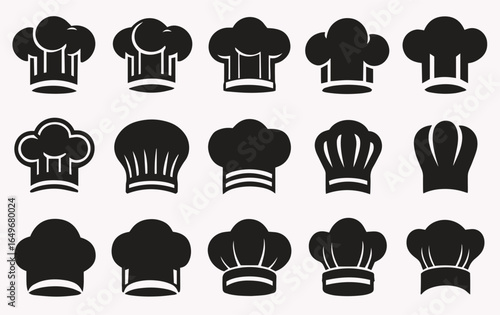 Silhouettes set of chef hats in various styles, arranged in three rows. Each hat showcases unique design elements, evoking a culinary theme,