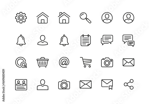 Collection of essential thin line icons for user interface design, website navigation, and mobile application elements.