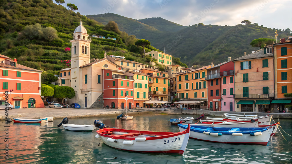 Fototapeta premium The layout features a cluster of colorful buildings perched on a rugged cliff overlooking the azure Mediterranean Water Place.