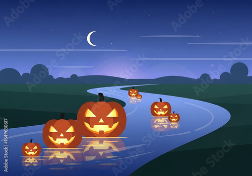 Jack o lanterns floating down a river at night under a crescent moon in a halloween landscape