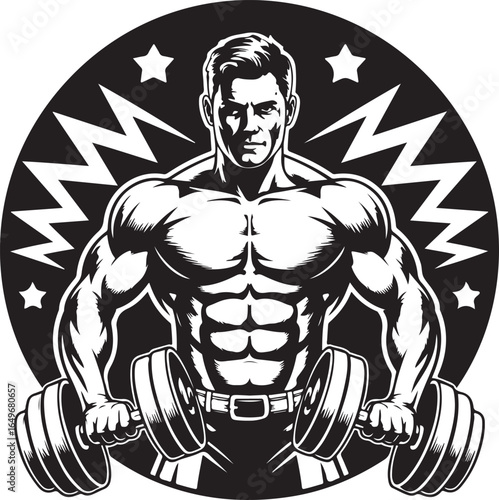 Muscular man with defined abs holding dumbbells in a circular emblem fitness bodybuilding