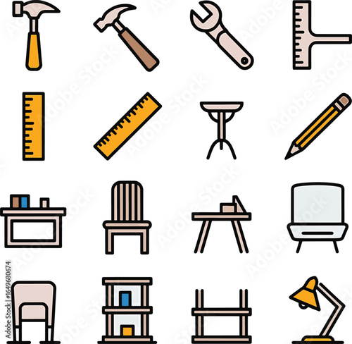 Collection of furniture and tools icons isolated on transparent background