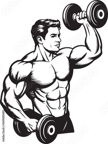 Muscular man lifting dumbbell in black and white vector illustration bodybuilder fitness