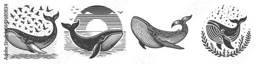 Vintage Hand-Drawn Whale Singing Illustration, Marine Animal Engraved Vector for Music and T-Shirt Design