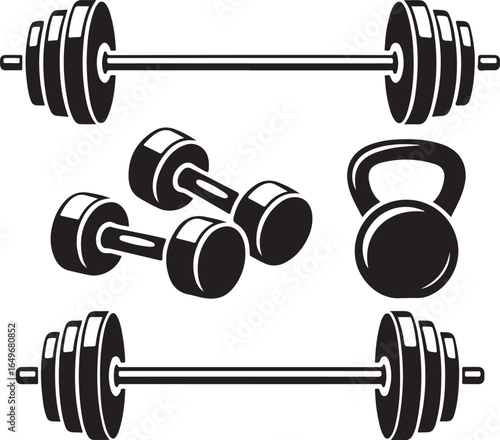 Black and white illustration of weightlifting equipment on white background barbell dumbbell