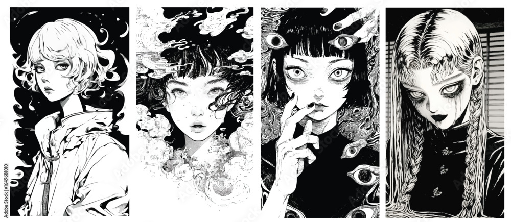 Obraz premium Dark Surreal Anime Girl Portraits in Black and White Illustration