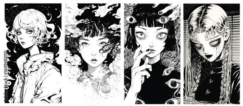 Dark Surreal Anime Girl Portraits in Black and White Illustration